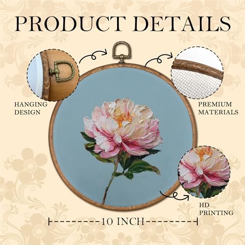 OFJE Rustic Pink Peony Floral Wall Art Decor, Elegant Pink Peony Round Wall Hanging Decor, Cottagecore Flower Framed Canvas Prints for Home Bedroom Living Room Decorations, 10x10 Inch - Image 6