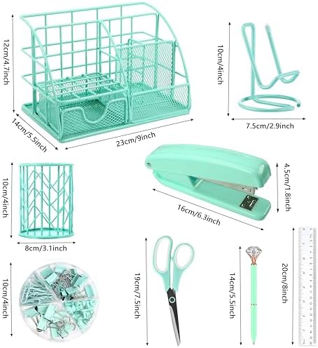 KAAKOW Green Desk Organizers and Accessories Office Supplies Set Stapler, Pen Holder, Phone Holder, Scissors, Pen, Ruler, 30 Paper Clips, 22 Binder Clip, 20 Tacks and 1000pcs Staples - Image 2