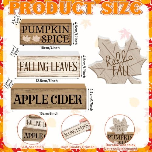Moucuny 4 Pcs Neutral Fall Table Decor for Home Maple Leaf Wooden Blocks - Image 3