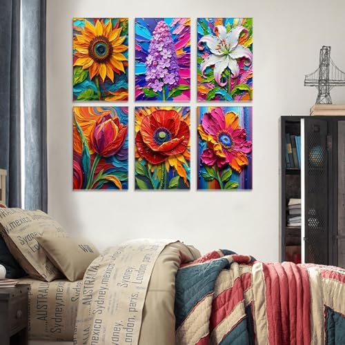 Oil Painting Flowers 6 Pack DIY Paint by Numbers Kits for Adults Sunflower Poppy Lavender Lily Flower Acrylic Paint Number Painting Kits on 8x12 Inch Canvas without Frame Floral Home Wall Decor - Image 5