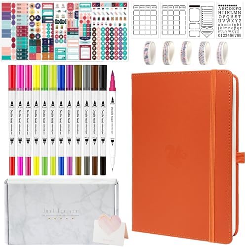 Y&I Bullet Journal Kit - A5 Hardcover Notebook with 184 Numbered Pages, Thick 120GSM Paper, Stencils, Stickers, Pens, Washi Tapes - Dotted Journaling Kit for Beginners (Orange) by YINGIRON