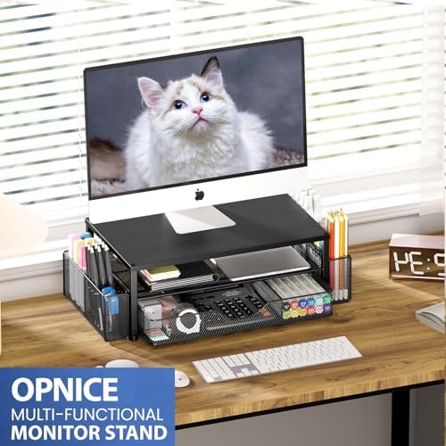 OPNICE Desk Organizer and Accessories, 2-Tier Computer Monitor Stand Riser with Drawer and 2 Pen Holders, Laptop Stand, Office Desk Accessories for Office Supplies, Black - Image 6