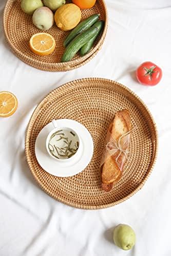 HITOMEN Hand-Woven Round Rattan Serving Tray Decorative Ottoman Wicker Platter with Handles for Coffee Table, Breakfast, Drinks, Snack, Bread, Fruit, Vegetables (Natural Set of 2: M+L) - Image 2