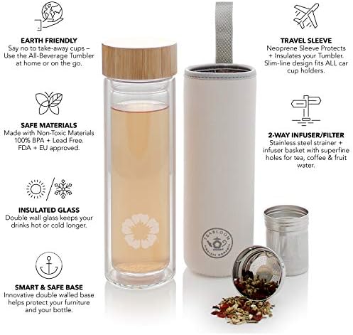 Teabloom All-Beverage Tumbler – 15 oz / 450 ml – Tempered Glass Travel Bottle – Hot and Cold Tea Infuser – Cold-Brew Coffee – Fruit-Infused Water – Tea Tumbler – The Pathfinder - Image 2