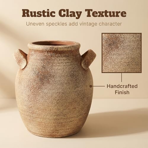 Vintage Ceramic Vase with Handle, 7 Inch Farmhouse Rustic Pot, Retro Table Centerpiece for Coffee Desk, Living Room Bookshelf & Fireplace Dining Room Mantel Decor - Image 3