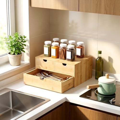 Bamboo Desk Organizer with Drawers, Desktop Storage for Office Supplies - Image 5