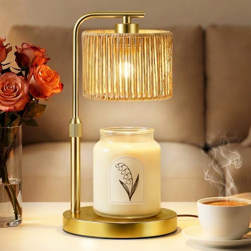 Candle Warmer Lamp, Timer Dimmable Candle Lamp, Adjustable Height and Brightness Gold Candle Warmer, Boho Rattan Lampshade and 2 Bulbs, Suitable for Home Decor, Birthday Gifts for Women Mom by LAMP