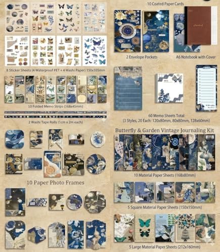 Vintage Scrapbook Journal Gift Set – Butterfly Garden Aesthetic Junk Journal Kit, 125 PCS Ephemera Pack with A6 Notebook, Stickers, Papers, Washi, Envelopes & Cards for DIY Art, Collage, Craft & Journaling (Butterfly) - Image 2