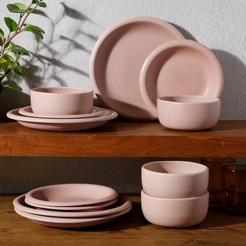 Bloomhouse - Two Time Oprah's Favorite Things Winner - Corsica Clay 12 Piece Stoneware Rustic Reactive Glaze Dinnerware Set - Stackable Plates and Bowls Set. Service for 4 - Matte Prosecco Blush Pink - Image 5