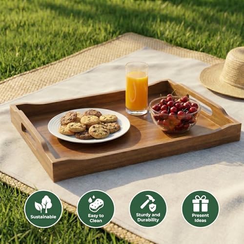 Acacia Wood Serving Tray Set of 2 with Handles for Ottoman Coffee Table - Image 4