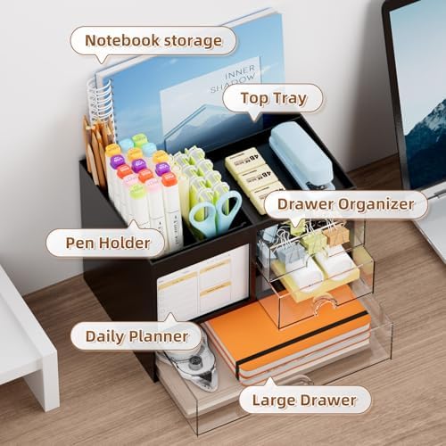 Marbrasse Desk Organizer with 3 Drawer, Multi-Functional Pencil Pen Holder for Desk, Desk Organizers and Accessories with 4 Compartments, Desktop Organizer Storage for Office Home Art Supplies (Black) - Image 2