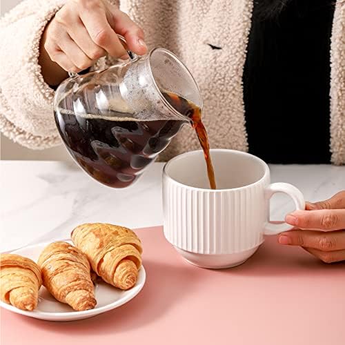 HASENSE 15 oz Ribbed Stackable Coffee Mug Set of 4, Porcelain Latte Cups with Metal Rack, Dishwasher & Microwave Safe, Cappuccino Tea Hot Cocoa, White - Image 6
