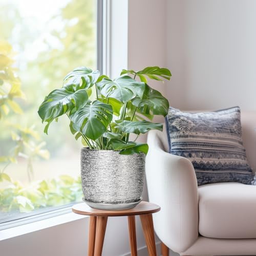 Ceramic Pot for Plants 8 Inch - Ceramic Flower Pot Indoor with Drainage Hole and Saucer, Decorative Round Indoor Planter, Plant Lover Gifts, Patio Home Office House Decor, Silver - Image 7
