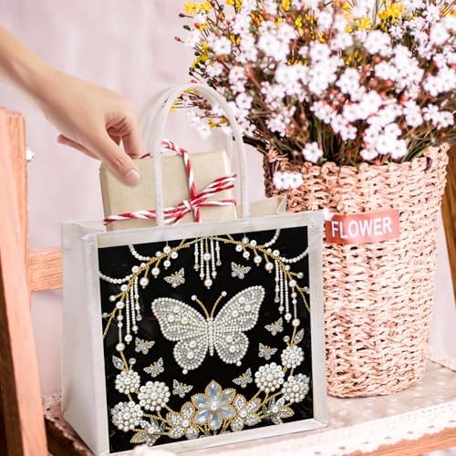 Xylzzuit DIY Pearl Painting Canvas Tote Bag Kit 11.42IN Diamond Art Handbag for Women Shopping Grocery Bag Dots Beads Art Craft Gift (Butterfly) - Image 2
