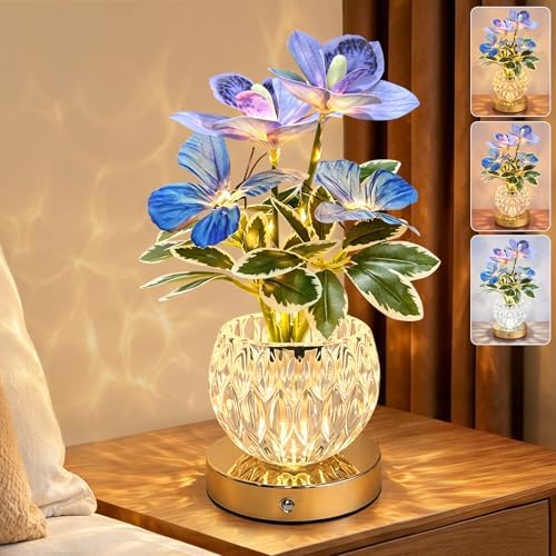 Flower Table Lamp, 3 Colors Touch Stepless Dimming Orchid Night Light, Rechargeable Artificial Flower Light, LED Flower with Vase Lamp Romantic Decor for Date Party Home (Purple - Cymbidium) by Strackvial