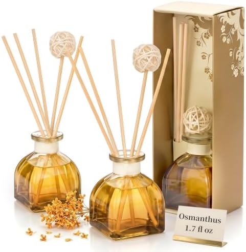 Osmanthus Reed Diffuser Set, 2 Pack 1.7 fl oz Glass Bottles, 5 Rattan Sticks & Rattan Ball, Plant-Based Non-Toxic Essential Oil, Sweet Long-Lasting Home Fragrance for Living Room Kitchen by WOHSEROM
