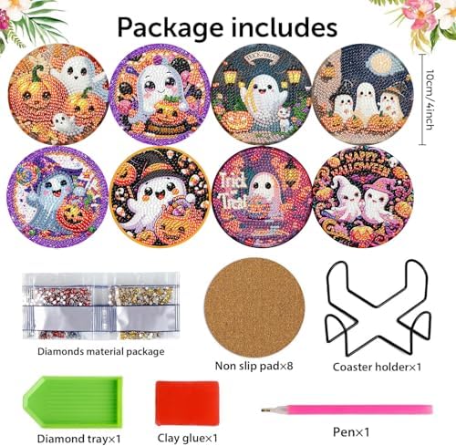 NEGEKFKX 8 Pcs Halloween Horror Ghost Diamond Art Painting Coasters Kits - Image 4