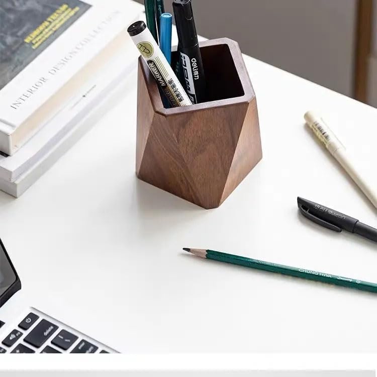 Wooden Pen Holder for Desk, Multi-Functional Pen Cup Pencil Holder for Office School Supplies Storage, Black Walnut Desk Organizer and Accessories（Prismatic） - Image 3