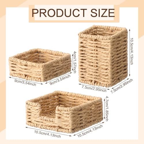 Khaki Paper Rope Woven Desk Organizer Set of 3 Natural Desktop Accessories Pencil Pen Cup Paper Clip Storage and Sticky Note Holder for Women Men Farmhouse Office Home Desktop Table Decor - Image 2
