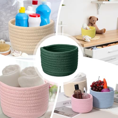 uxcell Green Small Cotton Rope Woven Storage Basket, Shelf Closet Storage Gift Woven Baskets Cute Nursery Box Bin Decor Organization Bin for Home Supply, Round, 5.6x3.6 - Image 6