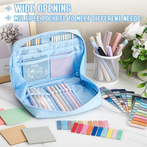 Trandraft 135 Pcs Book Annotation Kit with Pencil Case, 12 Pastel Highlighters, 11 Gel Pens, Fine Marker, 300 Transparent Sticky Notes, 2640 Index Tabs, Bible Study Supplies Kit(Kawaii,Blue) - Image 4
