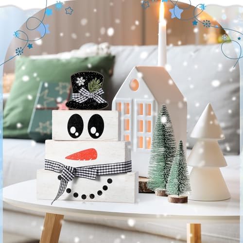 Moucuny 4 Pcs Wooden Snowman Blocks Tiered Tray Decor Farmhouse Table - Image 4