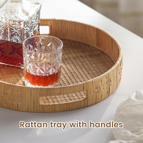 Round Rattan Tray for Coffee Table, Large Woven Decorative Tray, Wicker Serving Trays with Handles for Home and Kitchen Decor 13.2 inch - Image 3
