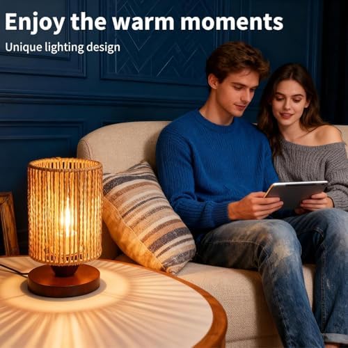 Handmade Rattan Lamp Boho Table Lamp for Bedroom, Stepless Dimming Small Woven Lamps for Night Stands with Warm White LED Bulb, Coastal Boho Lamp for Living Room Reading Nook Office Desk - Image 2