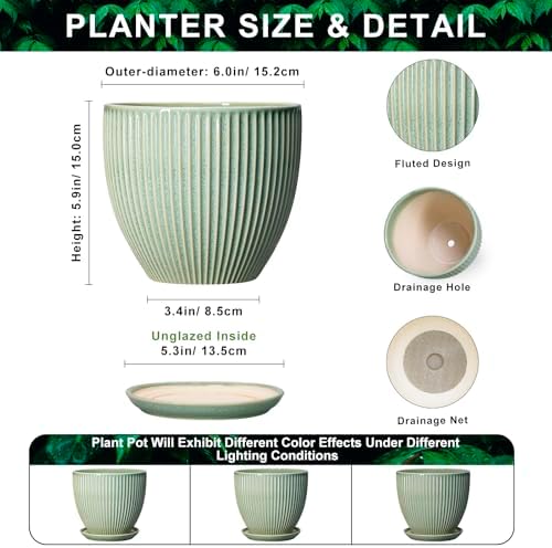 Ceramic Plant Pots, 6 Inch Ceramic Pots for Herb Snake Plants, Indoor Small Flower Pot with Drainage Hole and Saucer, Modern Round Planter, Room Office House Decor, Gardening Gifts, Green - Image 2