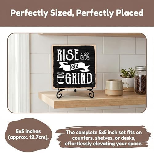 Coffee Bar Sign, Rise and Grind Farmhouse Tabletop Decor, Coffee and Tea Lover Gifts, 5x5 Wood Plaque with Iron Stand for Home Kitchen Cafe, Coffee Bar Decor – A01 - Image 5