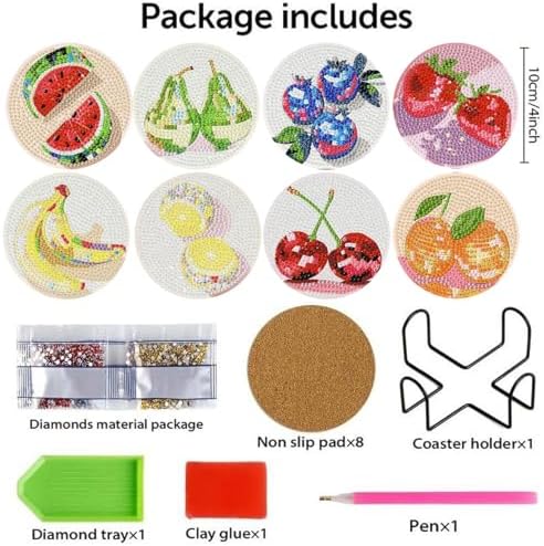TCDZMYGS 8 Pcs Diamond Art Coasters Kit, Disco Fruit Diamond Painting Coasters Kits for Adults, 5D Full Drill Diamond Dot Gem Art Craft Kit with Holder, Fun DIY Non Slip Coaster for Home Decor - Image 3
