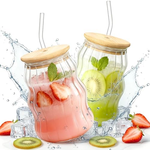 2 Packs Cute Glass Tumbler with Lid and Straw 16 oz Ice Coffee Cup Set for Smoothie Slushie Juice Matcha Tea Latte Cappuccino Espresso Hot Coffe Water Reusable Clear Travel Boba Aesthetic Drinking Mug by Unknown