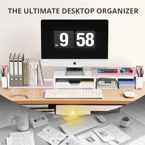 OPNICE Desk Organizers and Accessories, Dual Monitor Stand Riser with Drawer and 2 Pen Holders, Desk Shelf Printer Stand for Office Workspace Organizers, Desktop Organization (Pink-White) - Image 6