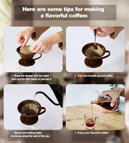 Pour Over Coffee Dripper - Ceramic Cup, Pour Over Coffee Maker Cone, Porcelain Cone, Easy Manual Brew Maker - Strong Flavor Brewer for Home, Cafe, Office - 1-4Cup, V60 Size 02 (Brown) - Image 6