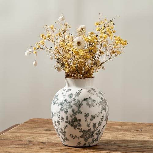 SIDUCAL Ceramic Vintage Vase, 5.83 Inch Retro Ice Cracked Chinoiserie Floral Vase, Rustic Farmhouse Vases for Home Decor, Bookshelf, Garden, Chinoiserie Decor, Tuscan Decor, Gray Floral Pattern by SIDUCAL