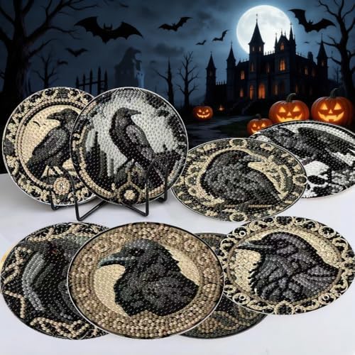 LWZAYS 8 Pcs Halloween Diamond Art Coasters Kit - DIY 5D Horror Crow Diamond Painting Coasters with Holder, Mini Small Diamonds Arts Kits for Adults Coaster, Gem Art Arts and Crafts for Adults - Image 4