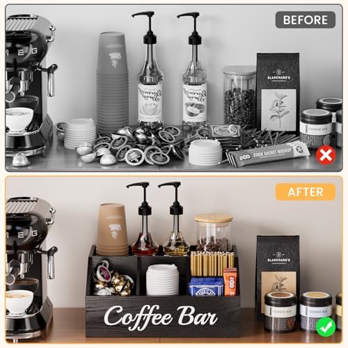 Coffee Station Organizer for Countertop – Wooden Coffee Bar Organizer with Adjustable Dividers,Holds K Cup Pod & syrup bottles, for Kitchen, Office, or Bar and Tea Station, Black - Image 6