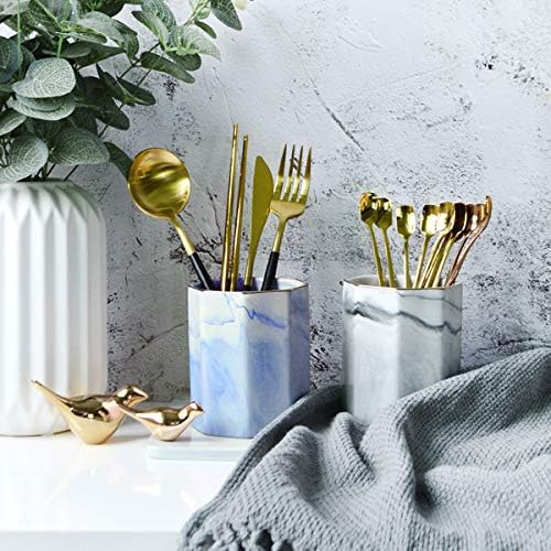 Pencil Holder Cup, Pen Organizer Stand for Desk Cute Marble Pattern Pen Cup Durable Ceramic Desk Organizers for Office Girl Women Adult Teen, Blue Marble - Image 6