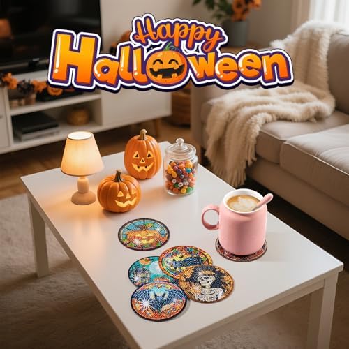 Zynlio Halloween Diamond Paintings Coasters Kits Set with Holder, Halloween Diamond Art, DIY Diamond Crafts Coasters for Adults, Diamond Art Painting Kits for Women, Beginners, Diamond Craft Supplies - Image 7