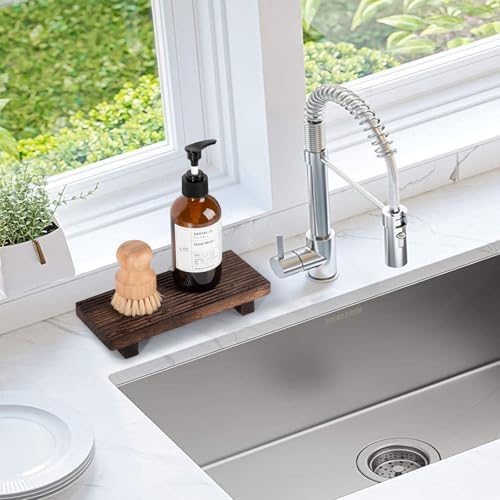 Bathroom Sink Tray Wood Riser Display Kitchen Decor Soap Holder, Dark Brown - Image 4