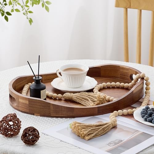 Acacia Wood Serving Tray with Handles - 17'' x 13'' Round, Decorative Ottoman Trays for Breakfast, Home Decor, Tea Party, Coffee Table, Candle Display, Kitchen Counter Board - Image 6