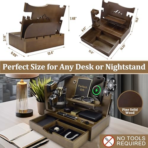 Nightstand Organizer for Men with Large Drawer Gift for Men, Brown - Image 3