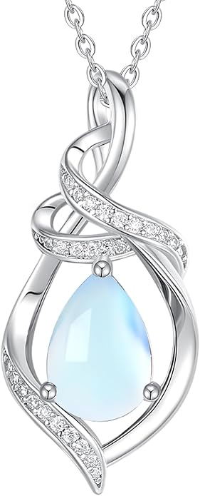 FANCIME Teardrop Gemstone Necklace for Women S925 Sterling Silver Elegant Ribbon Pendent Birthday Gifts for Her, 16"+2" Inches