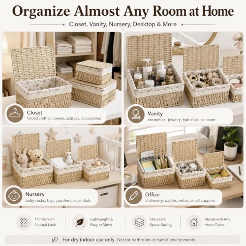 Wicker Basket with Lid & Liner for Counter, Woven Storage basket Set of 3 - Image 5
