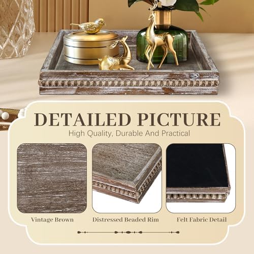 Wooden Decorative Tray, Small Serving Tray with Wood Bead, Farmhouse Big Tray for Ottoman, Countertop, Coffee Tabl, 13" x 13"x 1.6" (Retro Brown) - Image 6