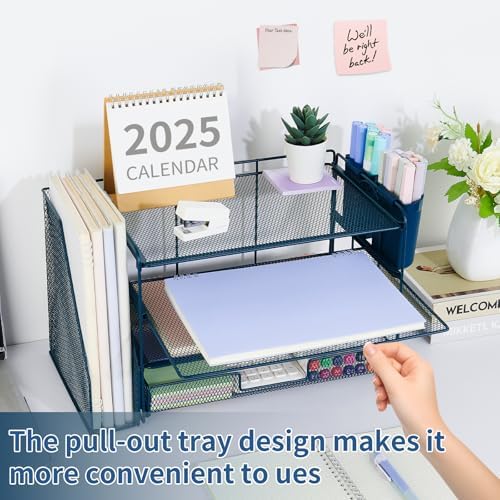 OPNICE Desk Organizer, 4-Tier Desktop File Organizer with Drawer and Pen Holders, Office Desk Accessories, File Sorters, Workspace Organizers for Office Supplies(Dark Blue) - Image 6