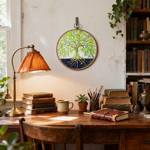 OFJE Tree of Life Wall Art Decor, Green Leaves Tree Nature Landscape Round Wall Hanging Decor, Modern Inspired Framed Canvas Prints for Farmhouse Home Bedroom Living Room Decorations, 10x10 Inch - Image 3