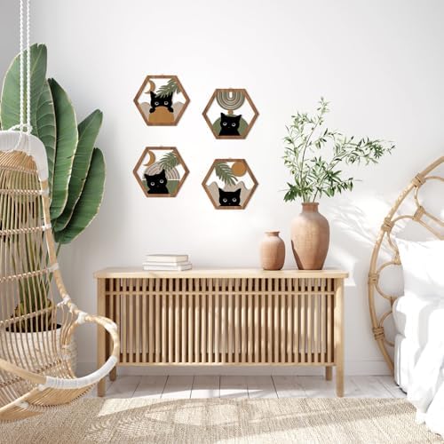 HPNIUB Boho Black Cat Wall Decor, Farmhouse Geometric Hanging Wooden Wall Art, 4 Pieces 11''x9.8'' Mid Century Bohemian Abstract Moon and Sun Wood Sign for Nursery Bedroom Decoration, Lovely Cat Gifts - Image 7