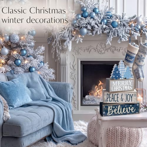 Moucuny 4 Pcs Christmas Table Decorations Blue Christmas Tree Stacked Wooden Sign Decor Rustic Winter Tiered Tray Decor Blue and White Xmas Table Centerpiece Farmhouse for Home Kitchen Shelf - Image 4