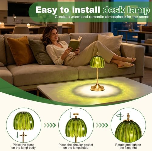 Glass Tulip Table Lamp, Cordless Rechargeable Desk Lamp - Green - Image 6